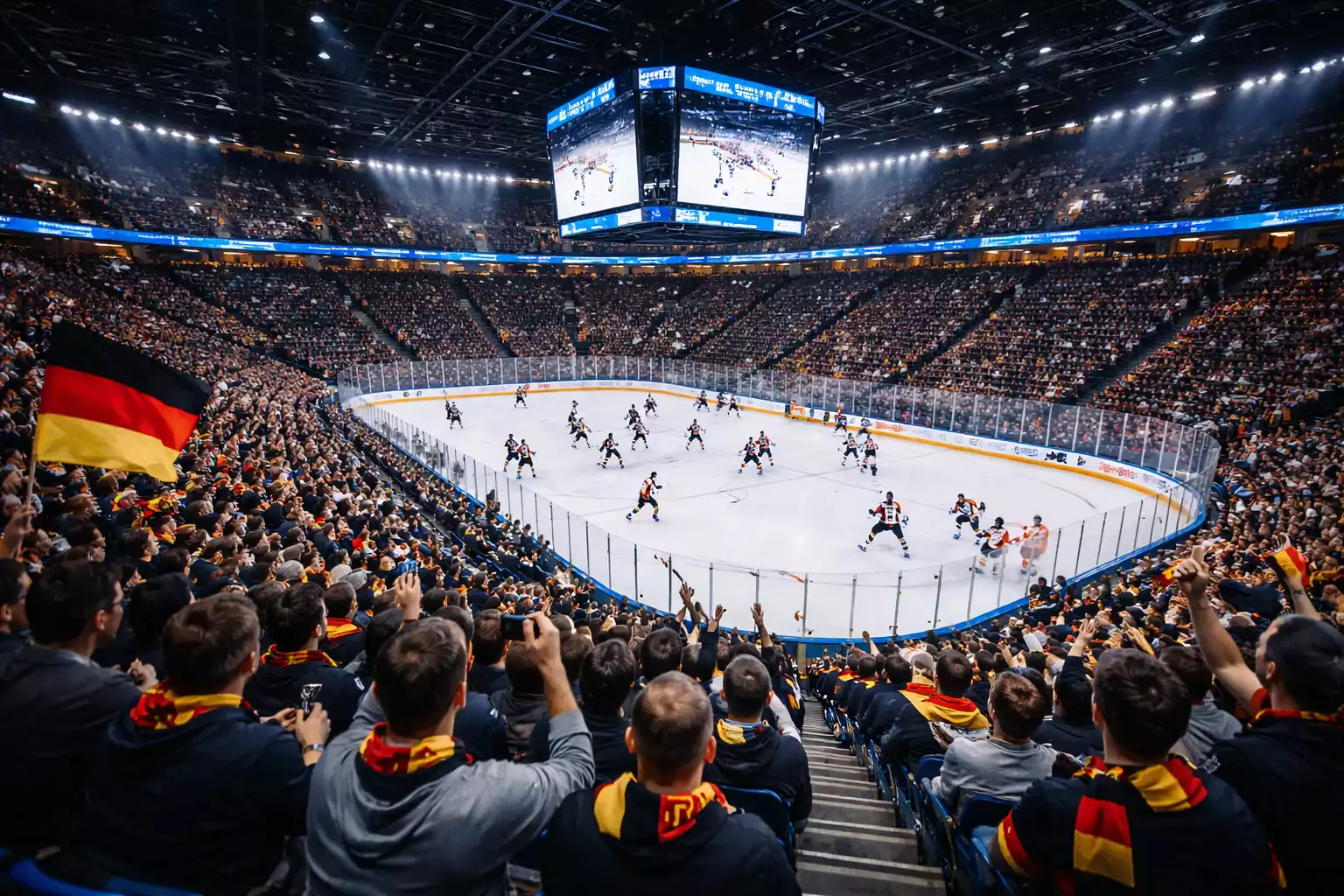 Moderne DEL-Arena voller begeisterter Fans während eines Eishockeyspiels