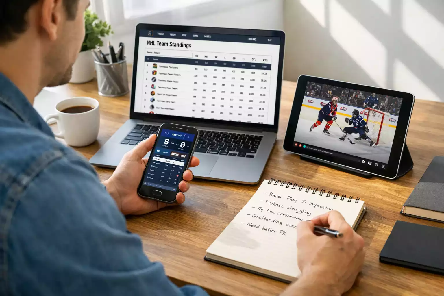 Person recherchiert Eishockey-Statistiken auf mehreren Geraeten mit Laptop, Tablet und Smartphone