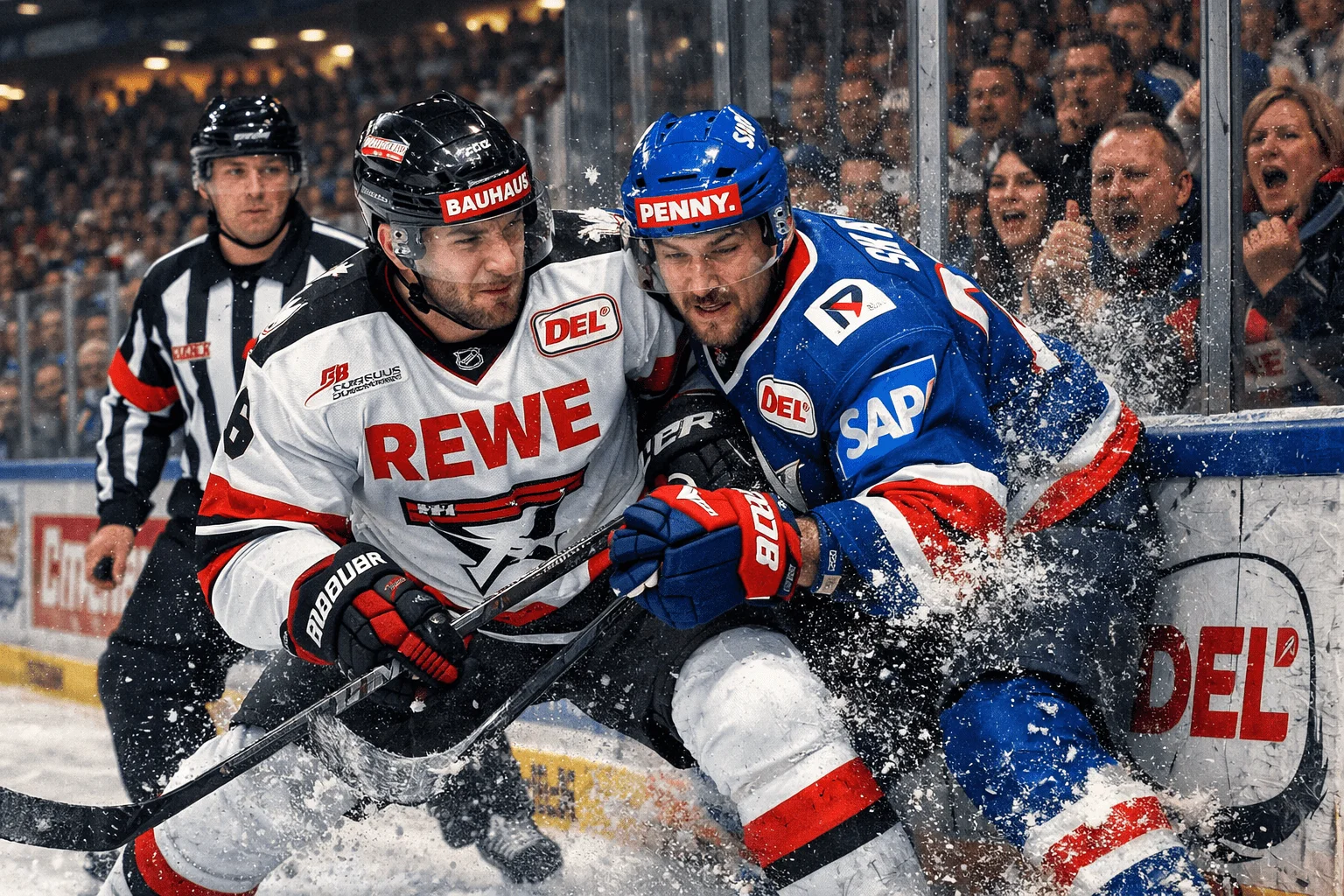 Intensives Duell zweier Eishockeyspieler waehrend eines DEL-Derby-Spiels