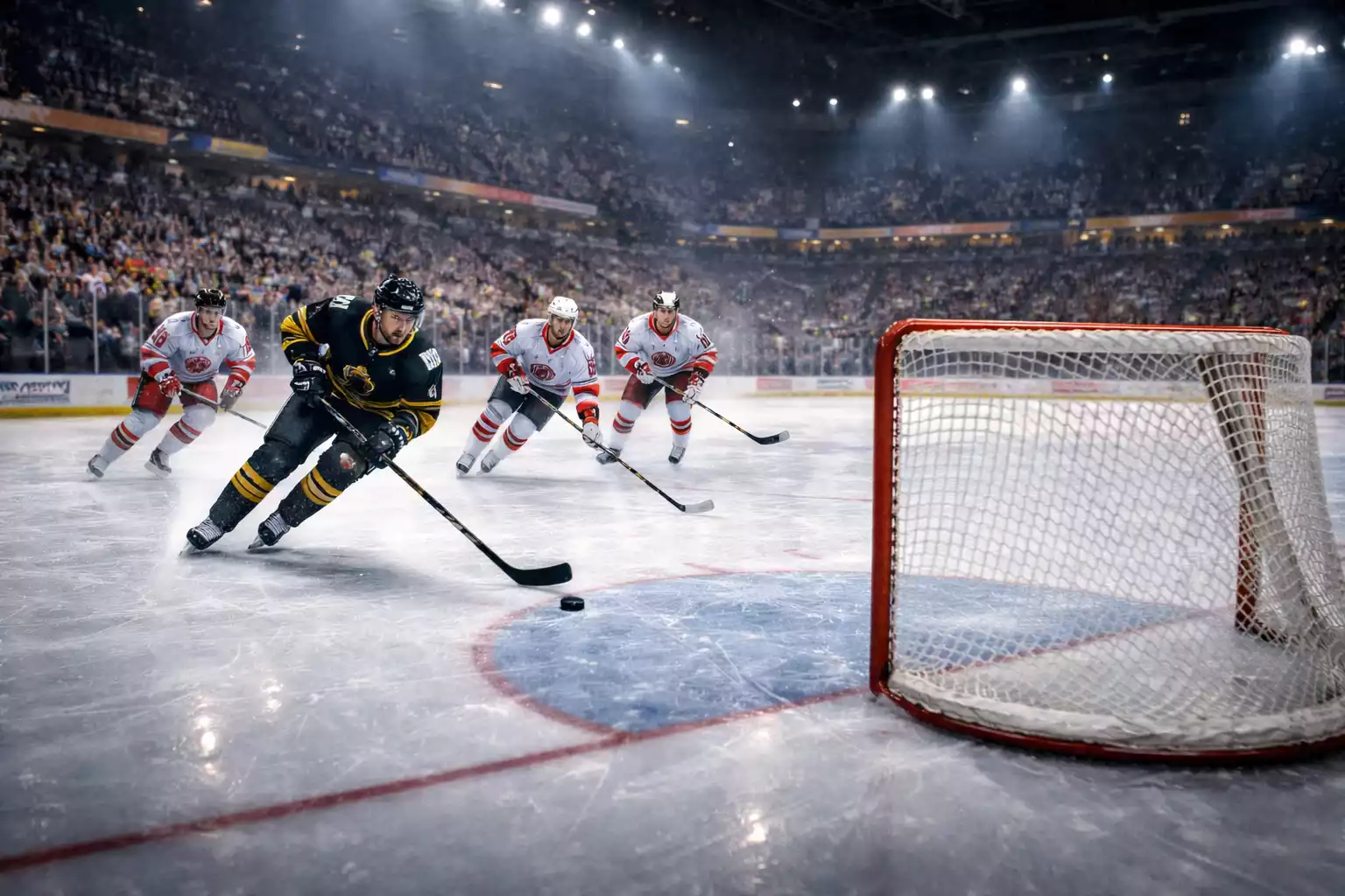 Dramatischer Spielmoment mit leerem Tor in der Schlussphase eines DEL-Eishockeyspiels