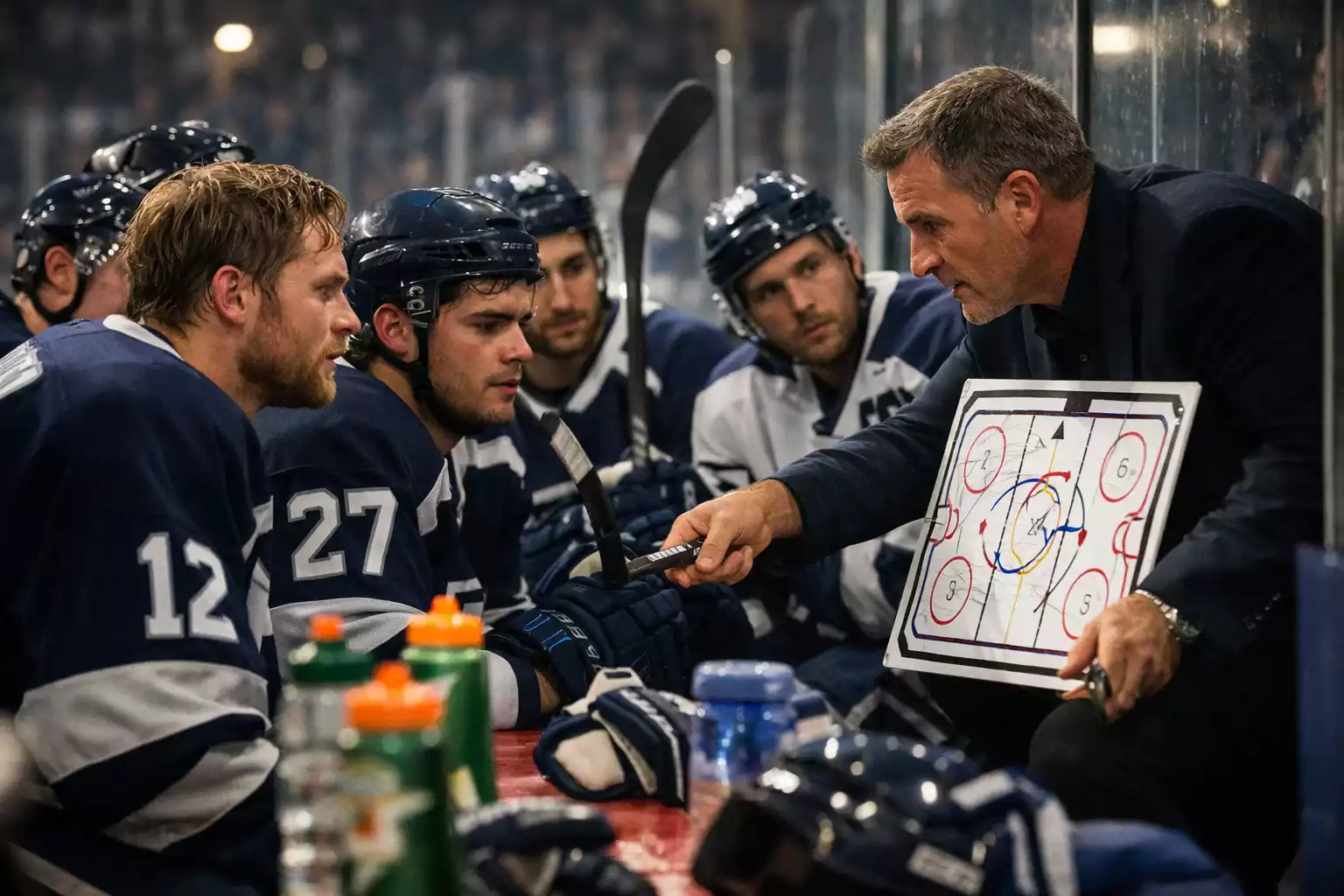 Eishockey-Trainer bespricht Taktik mit seinen Spielern auf der Bank waehrend einer Auszeit