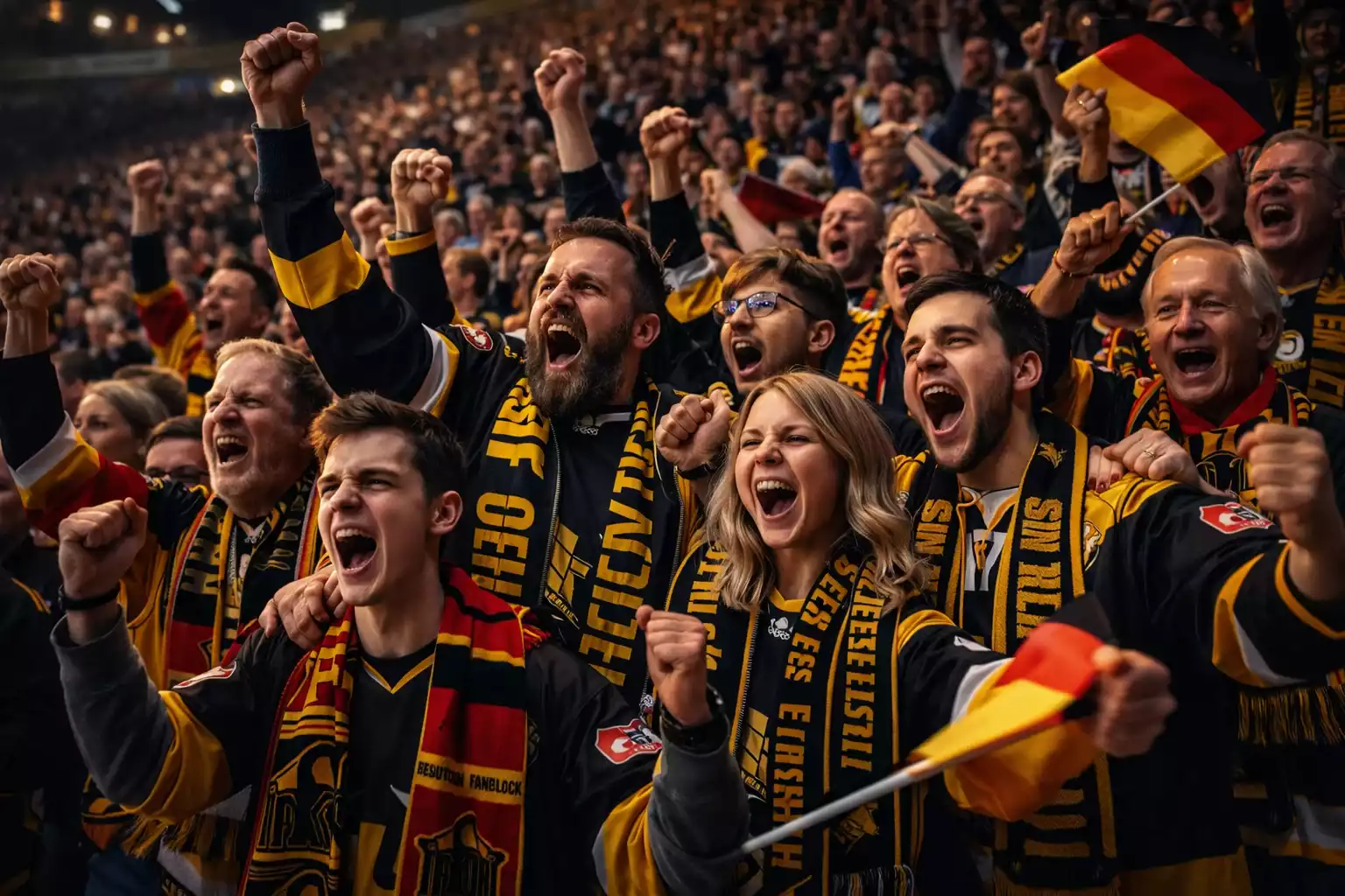 Begeisterte Eishockey-Fans feuern ihr Heimteam in der DEL-Arena an