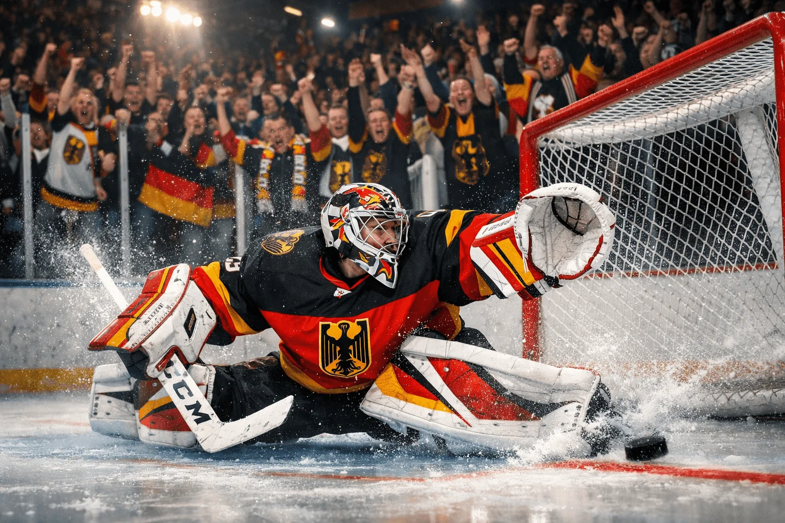 Torhueter macht spektakulaere Parade waehrend eines DEL-Heimspiels mit jubelnden Fans