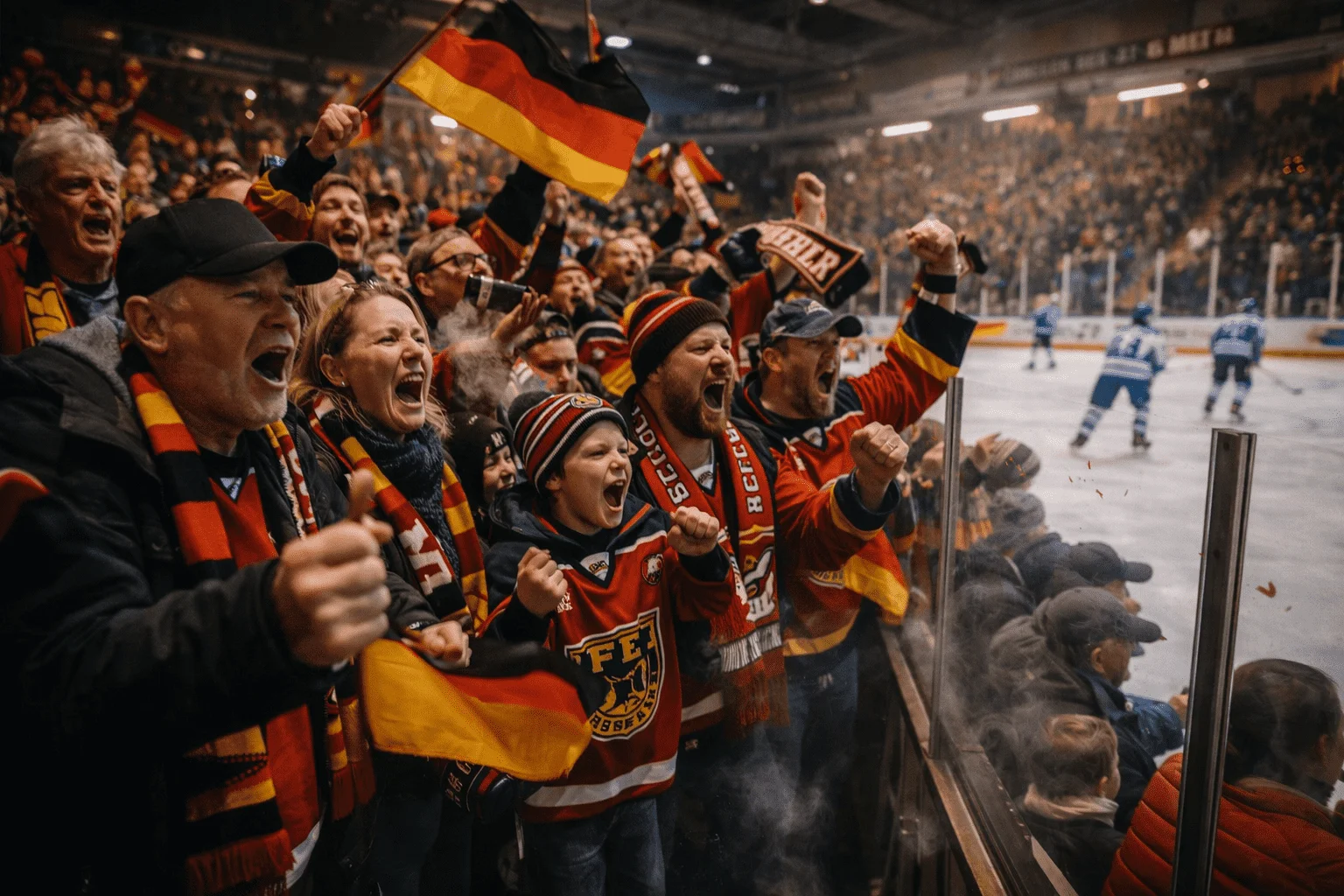 Leidenschaftliche Eishockey-Fans in einer kleinen deutschen Arena unterstuetzen ihr Heimteam