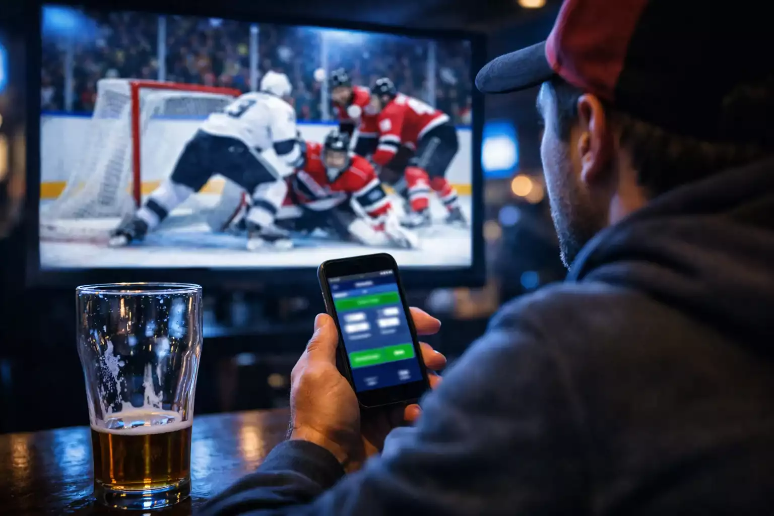 Spannendes Live-Eishockey-Erlebnis mit mobilen Wetten in einer Sportbar