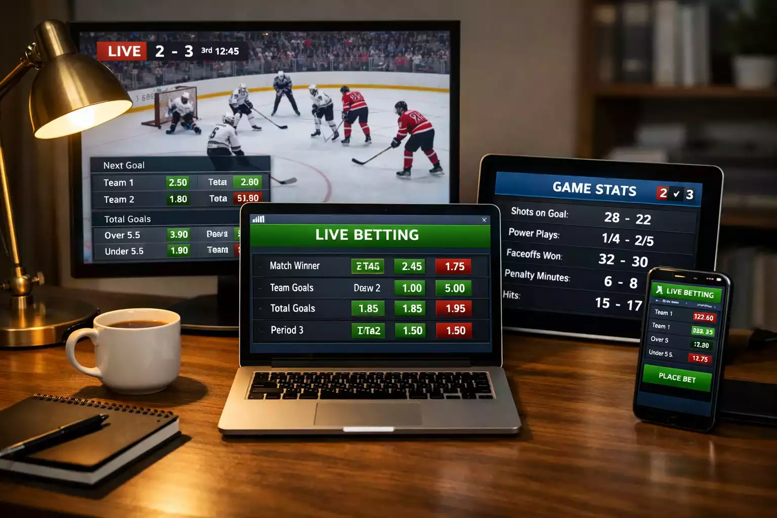 Modernes Livewetten-Setup mit mehreren Bildschirmen fuer Eishockey-Stream und Wettquoten