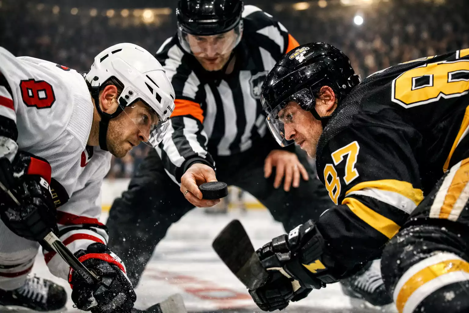 Intensives Playoff-Duell zwischen zwei DEL-Eishockeyspielern beim Bully