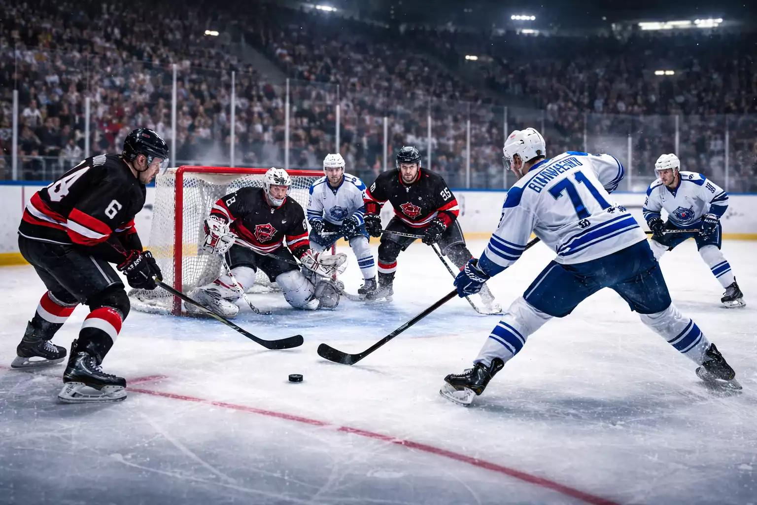 Dynamische Powerplay-Situation mit fuenf Spielern im Angriff gegen vier Verteidiger im DEL-Spiel