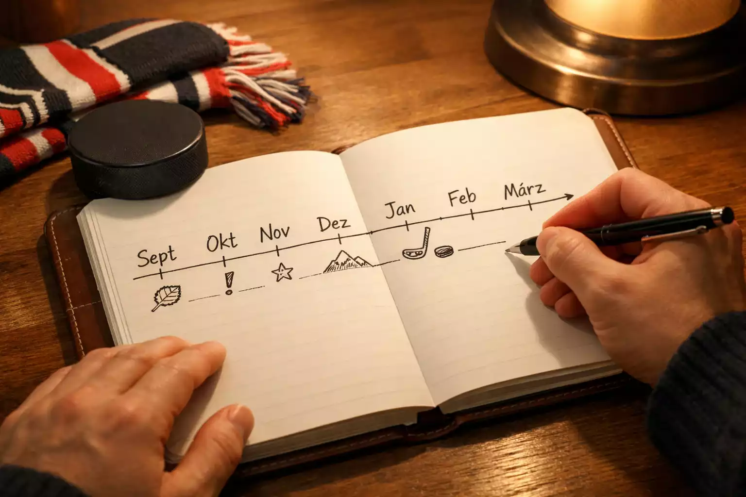 Saisonplanung für DEL-Wetten mit handschriftlicher Zeitachse im Notizbuch