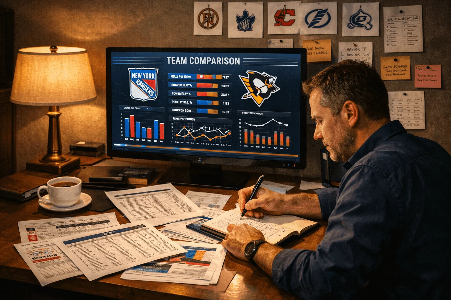 Sportanalyst studiert Teamprofile und Statistiken der DEL-Mannschaften am Arbeitsplatz