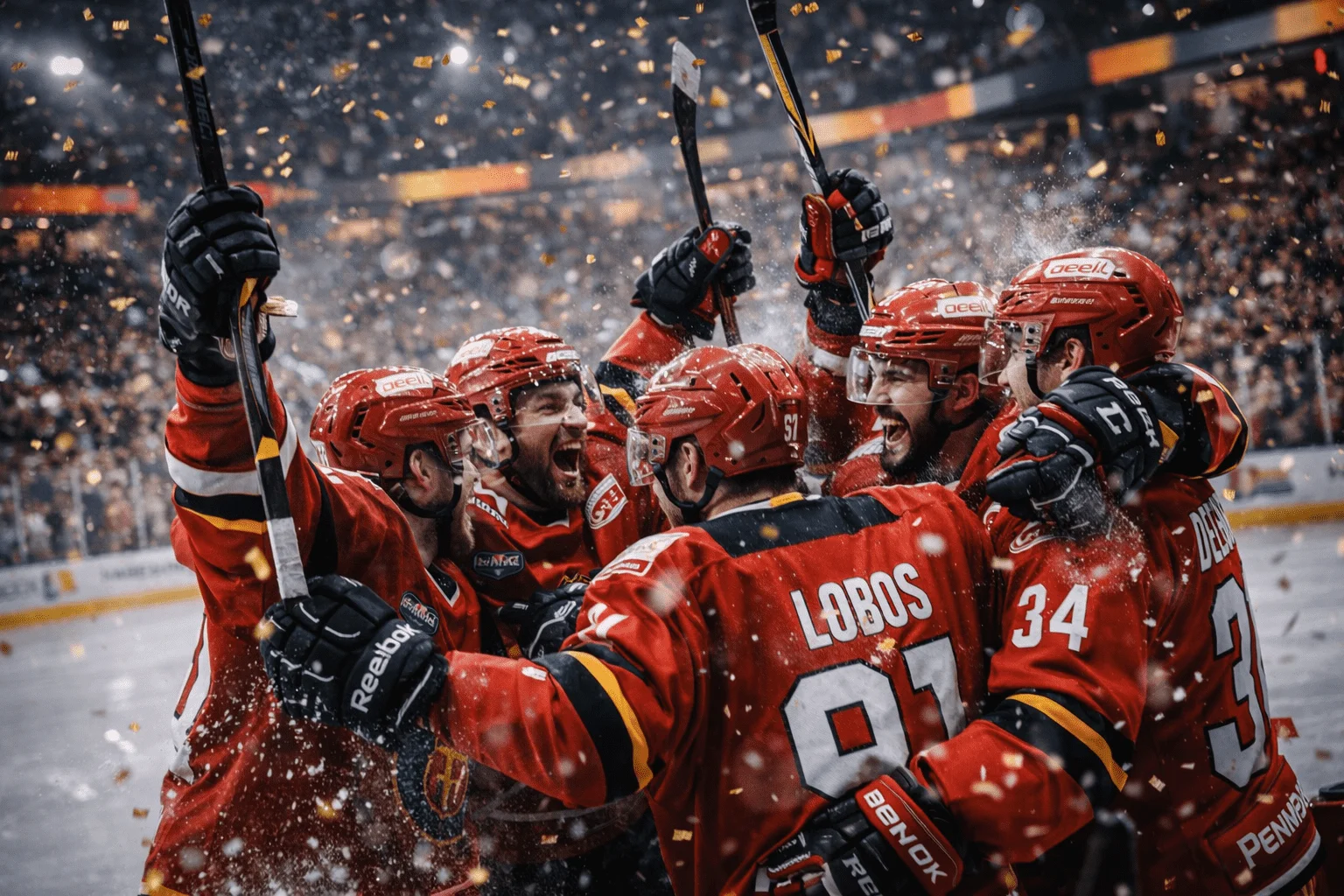 Eishockeyspieler eines DEL-Topteams feiern ein Tor mit Teamgeist und Emotionen