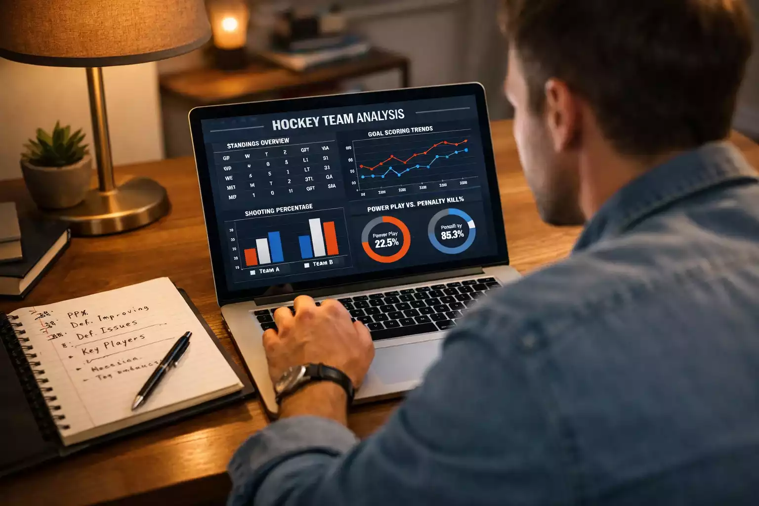 Person analysiert Eishockey-Statistiken und Daten am Laptop für strategische Wettentscheidungen