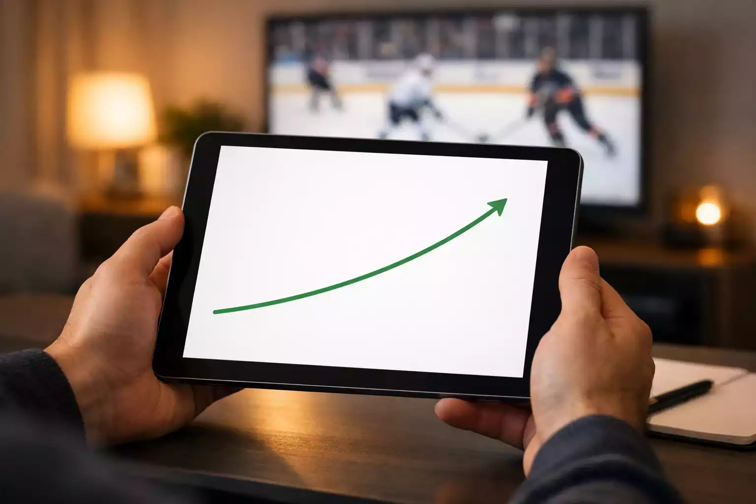Strategische Analyse von DEL-Wetten auf einem Tablet mit Erfolgstrend