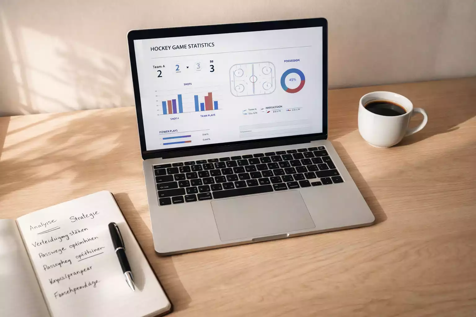 Professioneller Arbeitsplatz für Sportwetten-Analyse mit Laptop und Notizen